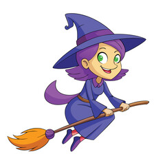 Flying Cute Little Witch on Broomstick - Halloween Cartoon