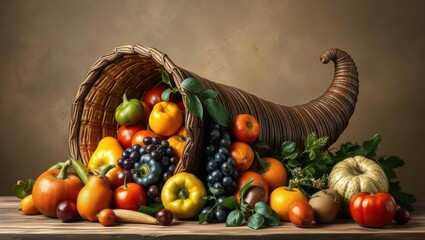 Bountiful cornucopia overflowing with vibrant autumn fruits and vegetables, symbolizing harvest and abundance