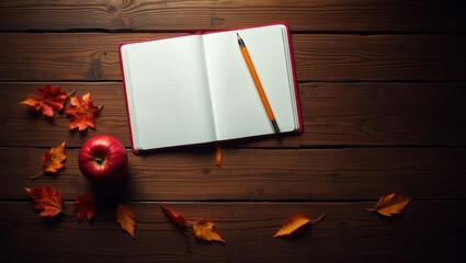 Autumnal desk setup with open notebook, pencil, apple, and scattered leaves on wooden surface