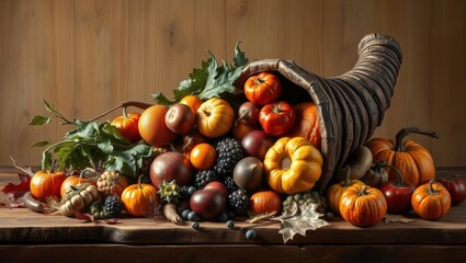 Bountiful autumn cornucopia overflowing with vibrant pumpkins, gourds, and fresh fruits on a rustic wooden table