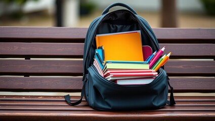 Ready for school: A backpack filled with colorful notebooks and pens sits on a wooden bench, symbolizing education and learning.
