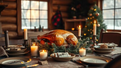 Warm holiday dinner with roasted turkey, candles, and festive decorations in a cozy cabin setting