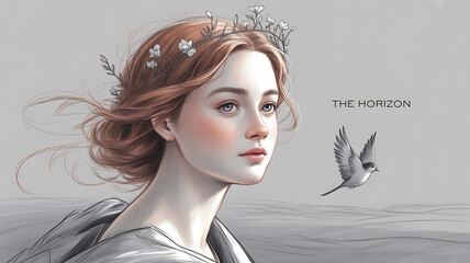 a young woman with delicate facial features, flowing red hair, and a crown-like headpiece, surrounded by a serene, misty landscape with a flying bird, digital painting, fantasy, intricate details, eth