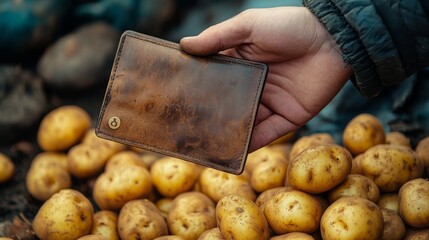 A hand holding a brown leather wallet next to a pile of potatoes