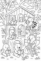 Adorable animals enjoying reading books and playing in a treehouse, perfect coloring page for kids