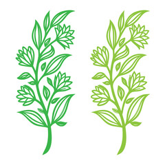 Two identical leafy plant illustrations in green with intricate detailing. The twin plant shapes look stylized and decorative, conveying a botanical theme.