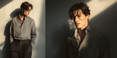 Male Model Wearing Striped Shirt in Natural Sunlight with Split Composition

