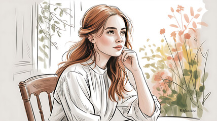 detailed portrait of a young woman with long brown hair, sitting in a chair in a warm, cozy room, warm lighting, detailed realistic style, digital art, high quality, photorealistic