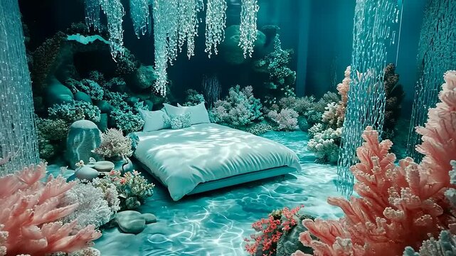 Underwater bedroom surrounded by vibrant coral reefs and soft lighting, creating a serene atmosphere