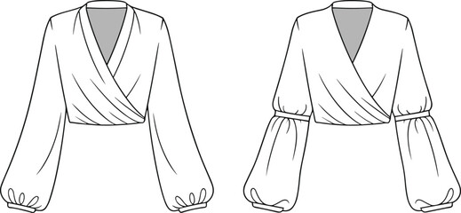 Wrap blouse fashion flat sketch with bishop sleeves – front views of two crossover tops with gathered details