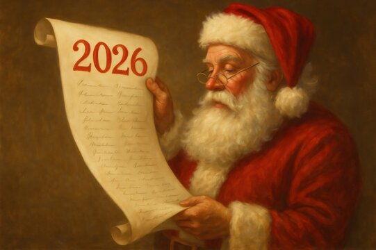 Santa Claus meticulously reviewing children's heartfelt Christmas letters for the upcoming year of 2026, filled with hope and joy