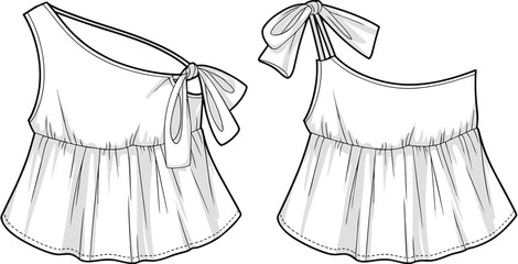 Asymmetric one-shoulder top with bow tie and flared hem – fashion flat sketch