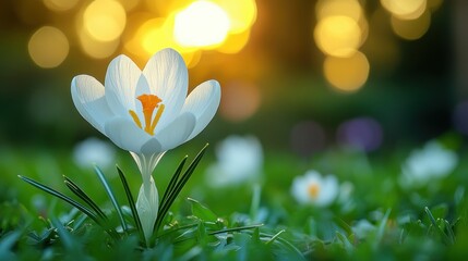 White crocus in spring sunlit field