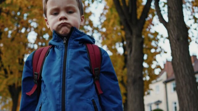 Enfant triste avec sac &agrave; dos dans un parc d&rsquo;automne