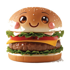A cute cartoon hamburger with a smiling face and fresh ingredients sits isolated on a white background