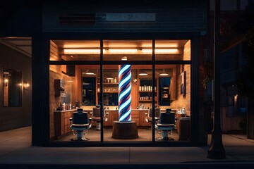 barbershop exterior with vintage barber pole and night street view shows modern barbershop design with illuminated storefront and classic barber chairs inside