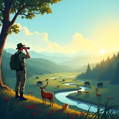 Celebrate World Ranger Day Banner – Forest Ranger Inspecting Wildlife Reserve Illustration

