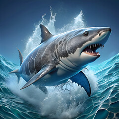 Fototapeta premium Great white shark leaping out of water in dynamic action. Powerful predator in ocean environment. Wildlife/marine biology subject. ocean -
