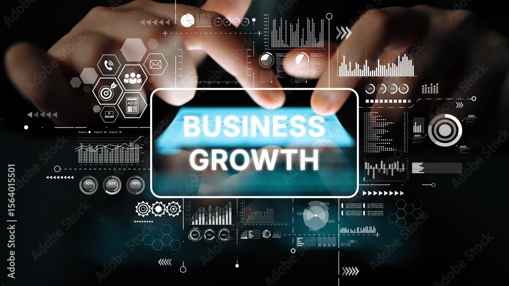 Poster business growth concept with digital interface and data analysis in modern workspace environment. as