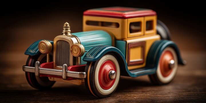 Colorful Antique Toy Car on Wooden Surface With Blue, Red, Yellow, and Gold Details

 - Powered by Adobe