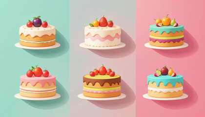 Vibrant Cartoon Cakes with Fruit on Gradient Background, HD Backgrounds