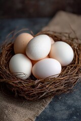 Fresh assorted eggs sit nestled in a rustic bird's nest, evoking natural simplicity and farm-fresh appeal.