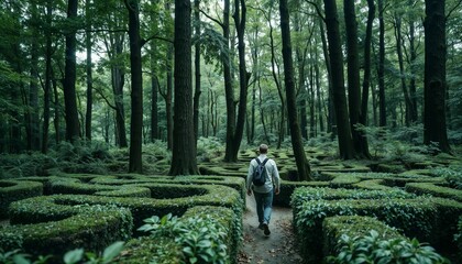 Person walking through a green maze in a dense forest with a sense of adventure