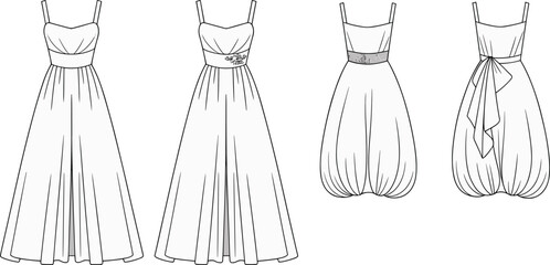 Elegant evening gown fashion flats – spaghetti strap long dresses with gathered skirts, waist details, and bow back design