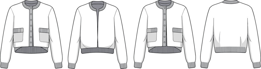 Technical flats of cropped women’s cardigans and bomber jackets – button front, ribbed trim, pockets, and relaxed casual fit