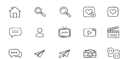 Minimal UI Icons Pack – Line Style Vector Icons for Home, Search, Social, Media, Profile, Camera, Message, Web, and App Interface Design