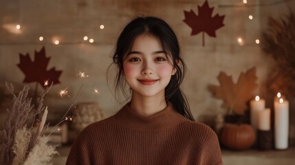 A woman is smiling in front of a wall with red leaves and candles