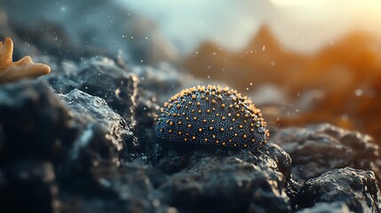 Textured sea urchin captured in golden morning shoreline light high resolution picture