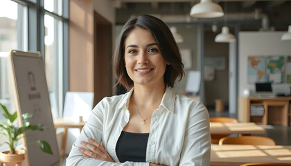 Confident young woman smiling with crossed arms in a bright modern office setting