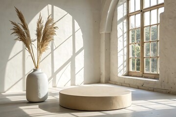 "Minimalist Interior with Pampas Grass and Sunlight Through Arched Window"

