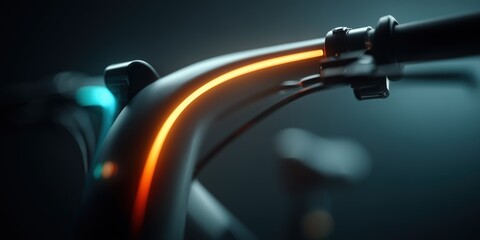 Macro View of Scooter Handlebar with Illuminated Orange Light Strip, Black and Blue Colors

