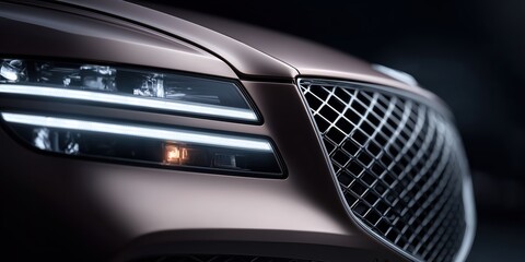 Detailed View of Chrome Mesh Grill and LED Headlight on a Metallic Brown Luxury Car

