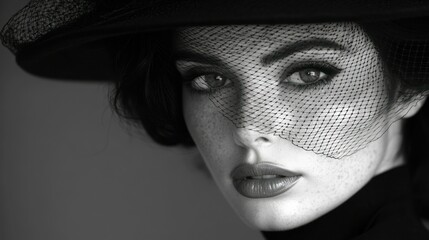 Woman in vintage hat, close-up, black and white