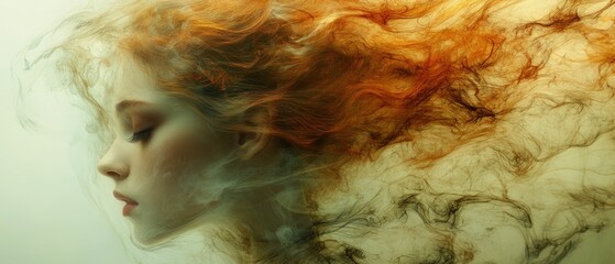 Fototapeta premium Woman submerged in swirling smoke, profile view