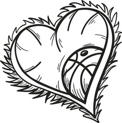 Black and white vector art sketch of a bird with floral leaf and feather design