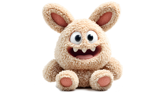 A stuffed rabbit with a big smile and teeth