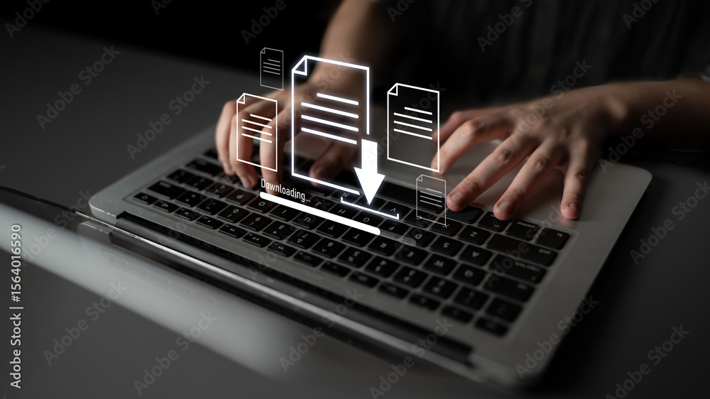 Poster visual representation of digital document downloading, showing file transfer, data access, and progr