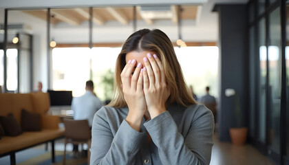 Young woman covering her face with hands, expressing emotion in a busy office environment