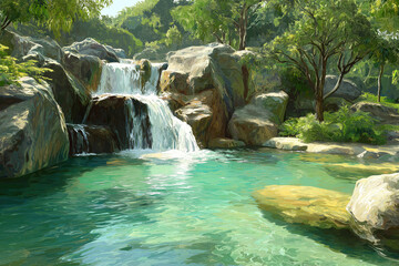 Naklejka premium crystal-clear jungle waterfall with sunlight and turquoise water — realistic tropical nature landscape