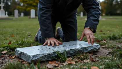 Person kneeling at a grave, touching the gravestone in a cemetery with a somber mood