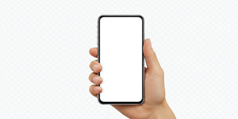 Hand Holding Smartphone Mockup – Blank Screen Mobile Device in Human Hand Isolated on Transparent Background for App UI, Web Design, Display Preview