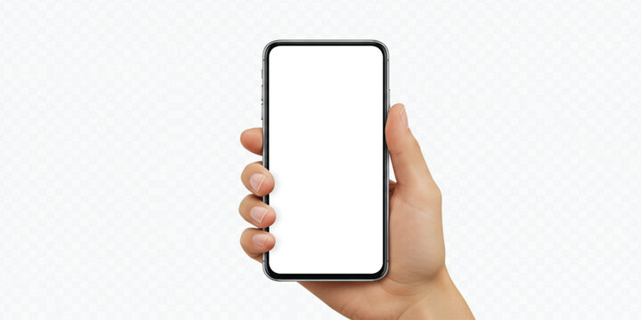 Hand Holding Smartphone Mockup – Blank Screen Mobile Device in Human Hand Isolated on Transparent Background for App UI, Web Design, Display Preview