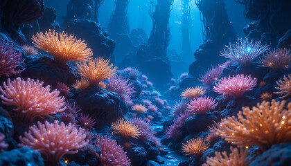 Obraz premium Serene underwater landscape showcases vibrant coral formations, a calming and colorful marine scene perfect for backgrounds and nature themes.