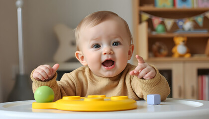 Happy baby playing with colorful toys at a bright indoor play area with a cheerful expression