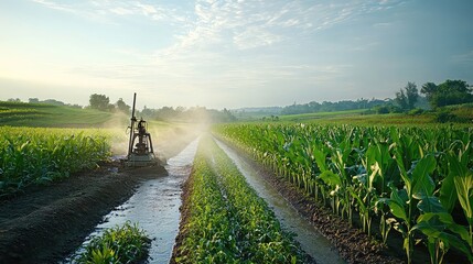 Rural water wells farming, pump system drawing water, irrigation support visible, sustainable water source crucial to maintaining crop health and farm productivity
