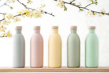 Minimalist Pastel Bottles with Wooden Caps on Shelf and Blossoming Branches"

